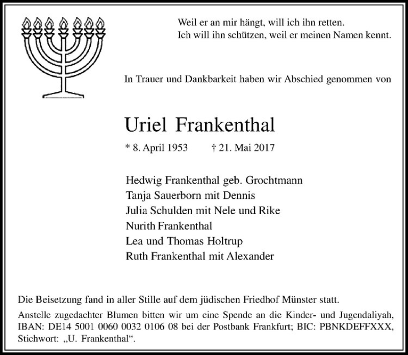  Traueranzeige für Uriel Frankenthal vom 27.05.2017 aus Westfälische Nachrichten
