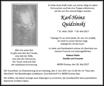 Anzeige von Karl-Heinz Quidzinski von Westfälische Nachrichten