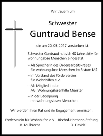 Anzeige von Guntraud Bense von Westfälische Nachrichten