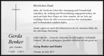 Anzeige von Gerda Benker von Westfälische Nachrichten