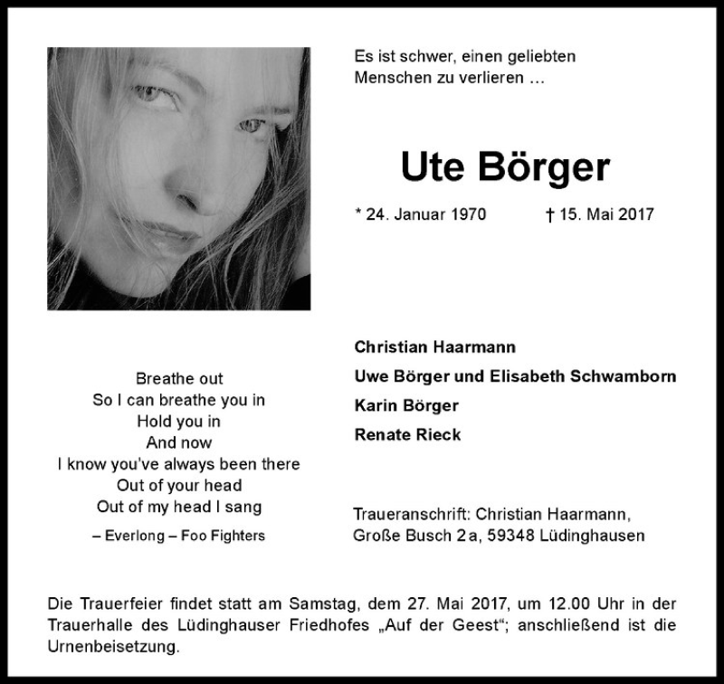  Traueranzeige für UTE BÖRGER vom 20.05.2017 aus Westfälische Nachrichten