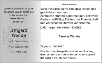 Anzeige von Irmgard Wende von Westfälische Nachrichten