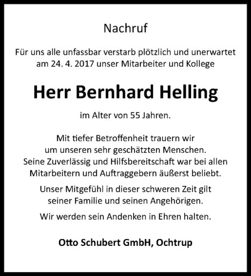  Traueranzeige für Bernhard Helling vom 03.05.2017 aus Westfälische Nachrichten