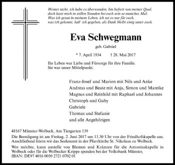 Anzeige von Eva Schwegmann von Westfälische Nachrichten