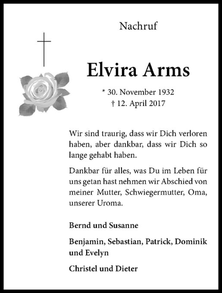  Traueranzeige für Elvira Arms vom 06.05.2017 aus Westfälische Nachrichten