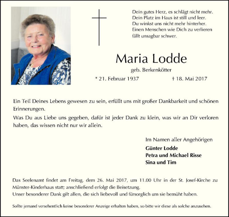  Traueranzeige für Maria Lodde vom 23.05.2017 aus Westfälische Nachrichten
