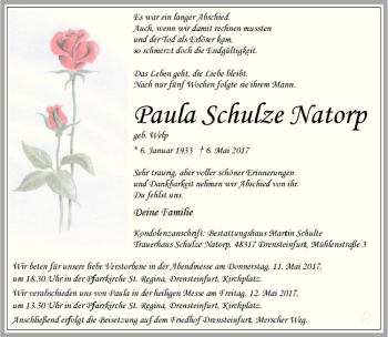Anzeige von Paula Schulze Natorp von Westfälische Nachrichten