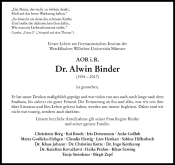Anzeige von Alwin Binder von Westfälische Nachrichten