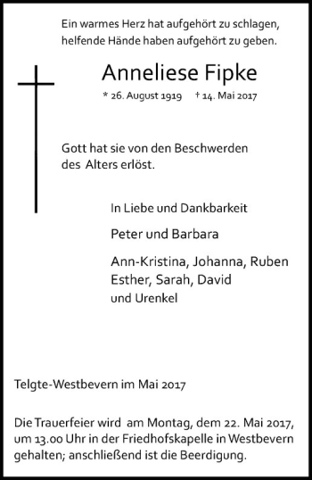 Anzeige von Anneliese Fipke von Westfälische Nachrichten