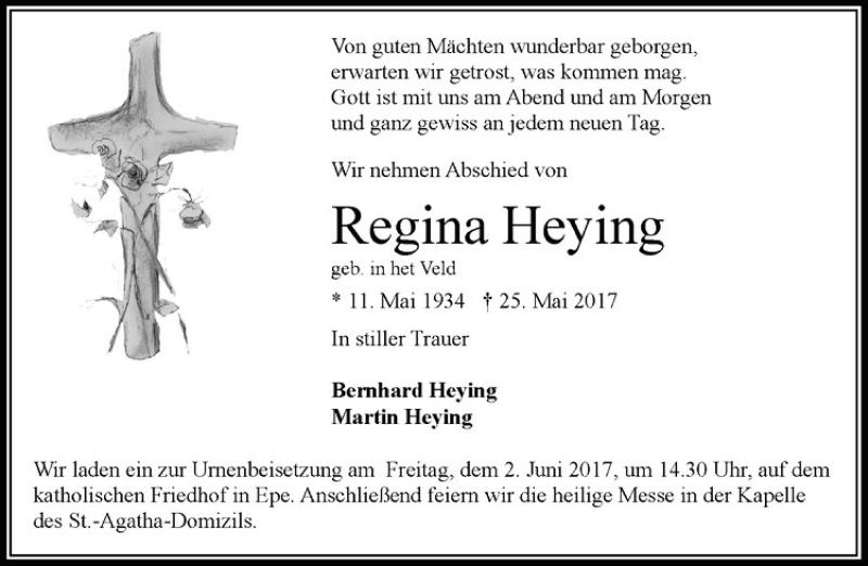  Traueranzeige für Regina Heying vom 31.05.2017 aus Westfälische Nachrichten