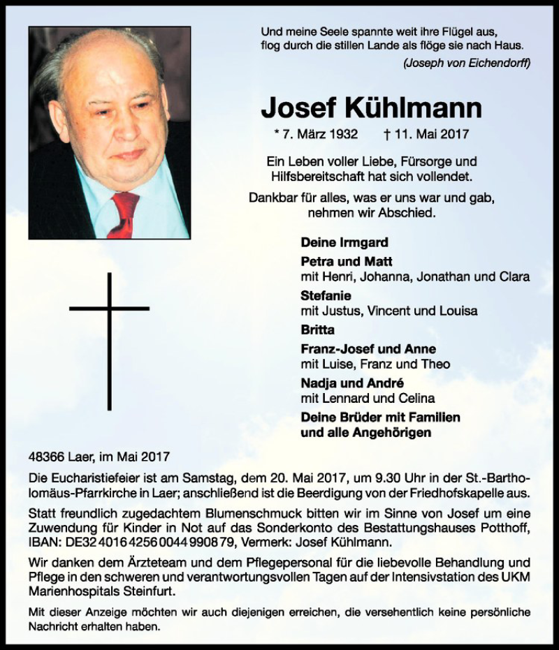  Traueranzeige für Josef Kühlmann vom 17.05.2017 aus Westfälische Nachrichten