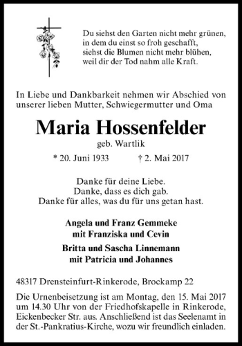 Anzeige von Maria Hossenfelder von Westfälische Nachrichten