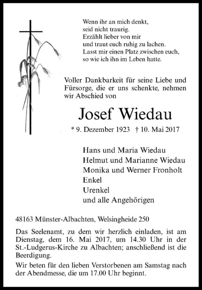  Traueranzeige für Josef Wiedau vom 12.05.2017 aus Westfälische Nachrichten