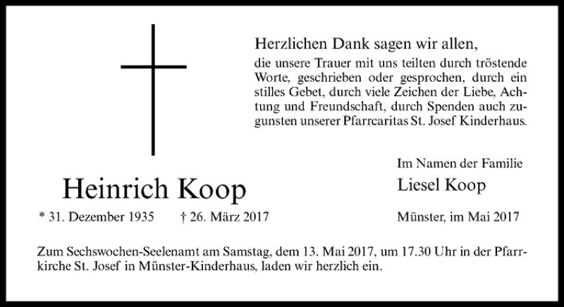  Traueranzeige für Heinrich Koop vom 10.05.2017 aus Westfälische Nachrichten