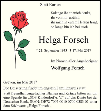 Anzeige von Helga Frosch von Westfälische Nachrichten