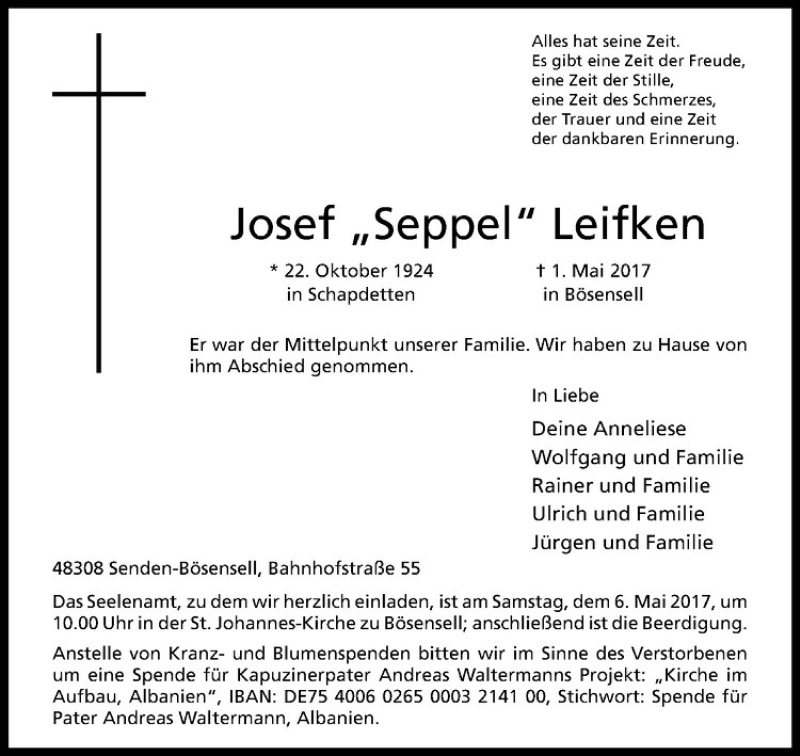  Traueranzeige für Josef Leifken vom 03.05.2017 aus Westfälische Nachrichten