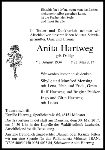 Anzeige von Anita Hartweg von Westfälische Nachrichten