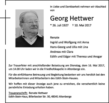 Anzeige von Georg Hettwer von Westfälische Nachrichten