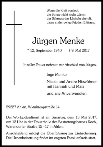 Anzeige von Jürgen Menke von Westfälische Nachrichten