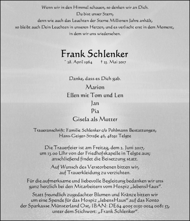  Traueranzeige für Frank Schlenker vom 27.05.2017 aus Westfälische Nachrichten