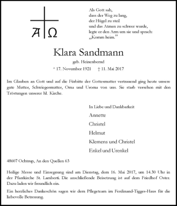 Anzeige von Klara Sandmann von Westfälische Nachrichten