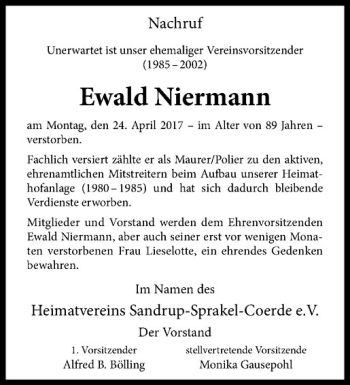Anzeige von Ewald Niermann von Westfälische Nachrichten