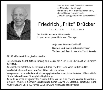 Anzeige von Friedrich Drücker von Westfälische Nachrichten