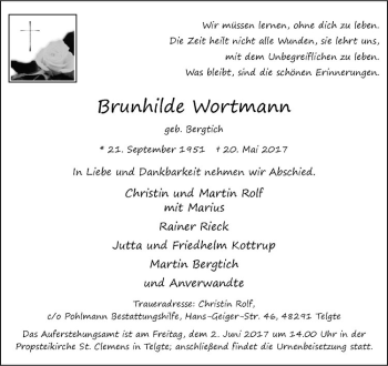 Anzeige von Brunhilde Wortmann von Westfälische Nachrichten