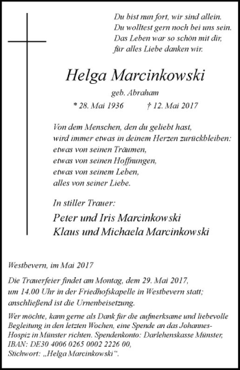 Anzeige von Helga Marcinkowski von Westfälische Nachrichten