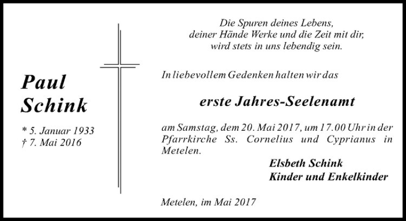  Traueranzeige für Paul Schink vom 18.05.2017 aus Westfälische Nachrichten