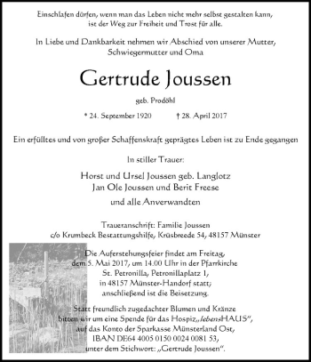 Anzeige von Gertrude Joussen von Westfälische Nachrichten