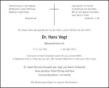 Anzeige von Hans Vogt von Westfälische Nachrichten