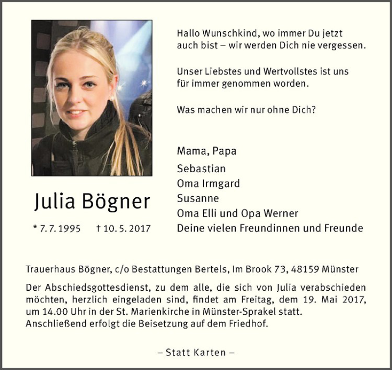  Traueranzeige für Julia Bögner vom 13.05.2017 aus Westfälische Nachrichten