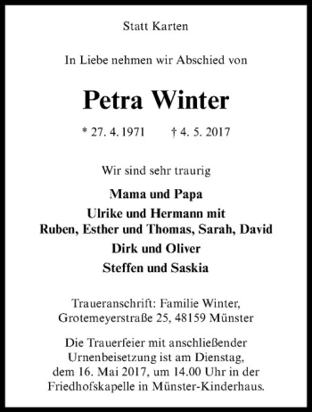 Anzeige von Petra Winter von Westfälische Nachrichten