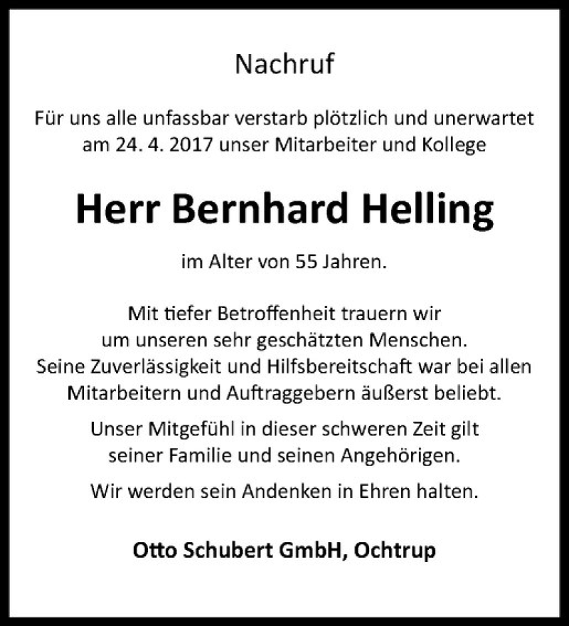 Traueranzeige für Bernhard Helling vom 04.05.2017 aus Westfälische Nachrichten