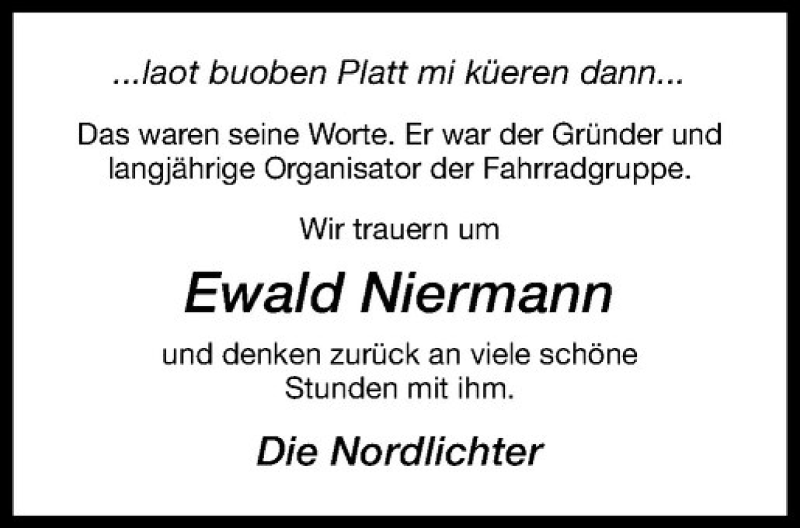  Traueranzeige für Ewald Niermann vom 03.05.2017 aus Westfälische Nachrichten