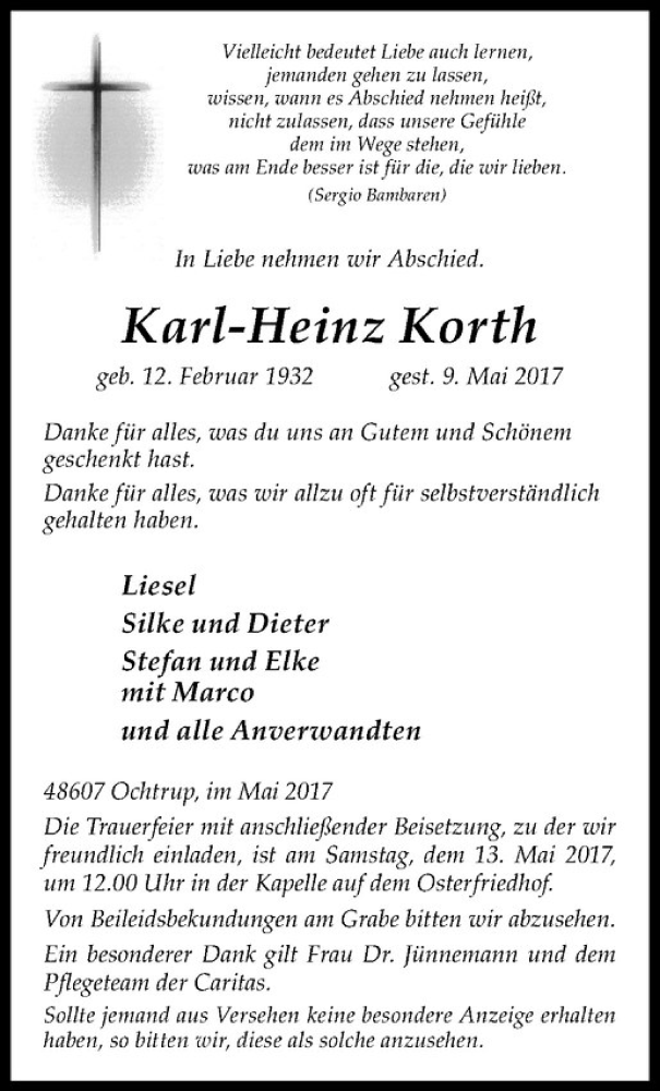  Traueranzeige für Karl-Heinz Korth vom 11.05.2017 aus Westfälische Nachrichten