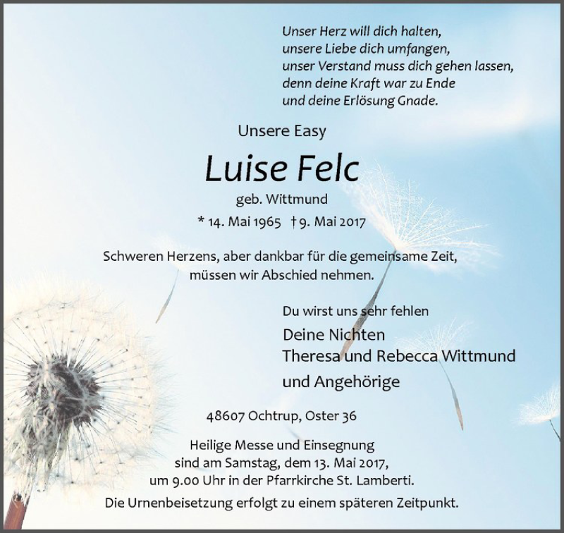  Traueranzeige für Luise Felc vom 12.05.2017 aus Westfälische Nachrichten