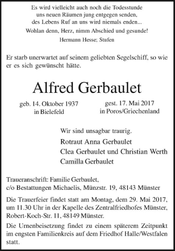 Anzeige von Alfred Gerbaulet von Westfälische Nachrichten