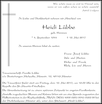 Anzeige von Heidi Lübbe von Westfälische Nachrichten