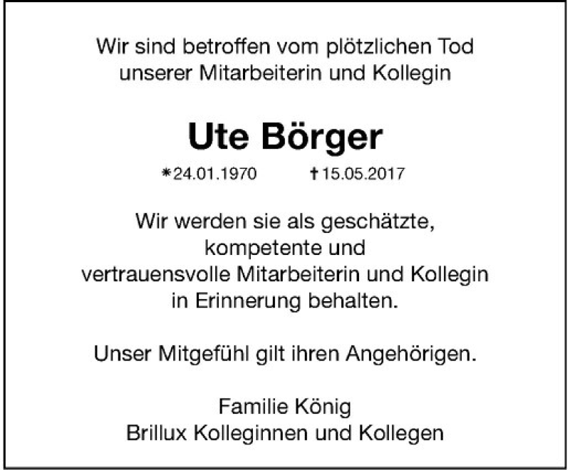  Traueranzeige für UTE BÖRGER vom 24.05.2017 aus Westfälische Nachrichten