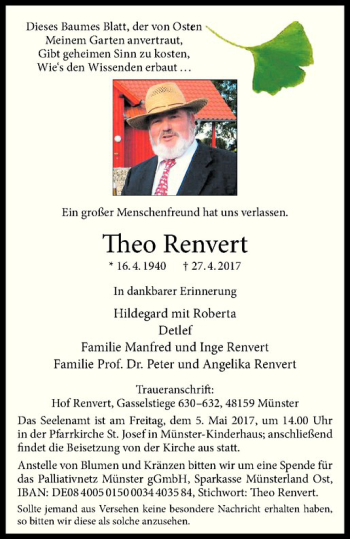 Anzeige von Theo Renvert von Westfälische Nachrichten