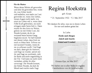 Anzeige von Regina Hoekstra von Westfälische Nachrichten