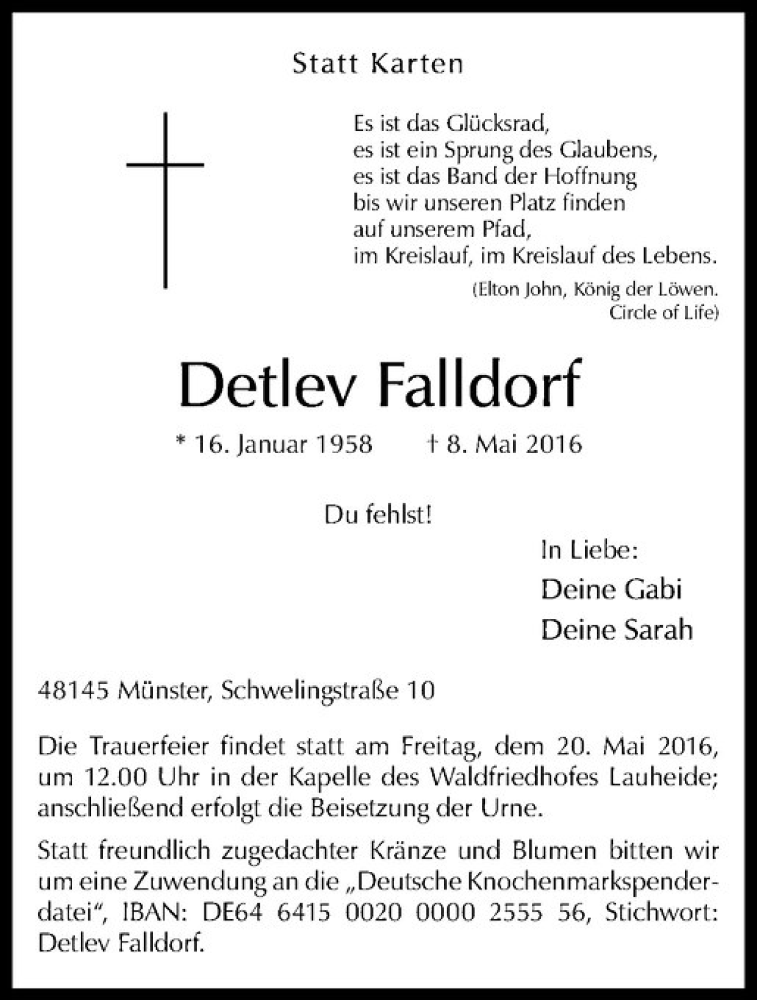  Traueranzeige für Detlev Falldorf vom 14.05.2016 aus Westfälische Nachrichten