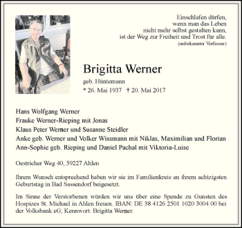 Anzeige von Brigitta Werner von Westfälische Nachrichten
