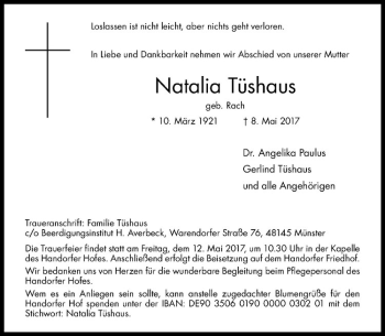 Anzeige von Natalia Tüshaus von Westfälische Nachrichten