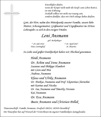 Anzeige von Leni Ansmann von Westfälische Nachrichten