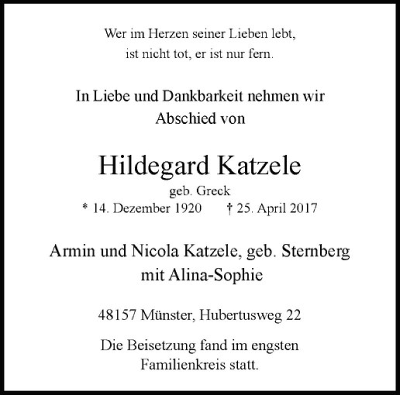 Traueranzeige für Hildegard Katzele vom 06.05.2017 aus Westfälische Nachrichten