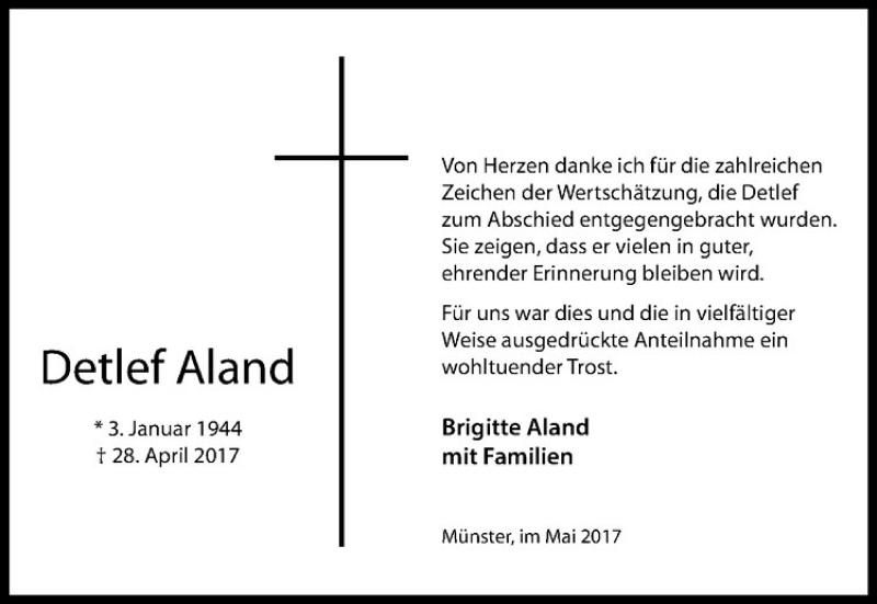  Traueranzeige für Detlef Aland vom 31.05.2017 aus Westfälische Nachrichten