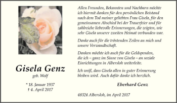 Anzeige von Gisela Genz von Westfälische Nachrichten